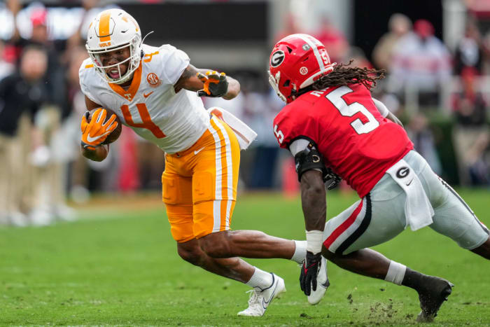 Former Tennessee Volunteers WR Cedric Tillman making a move on a Georgia defender during the 2022 loss. (Photo by Dale Zanine of USA Today Sports)